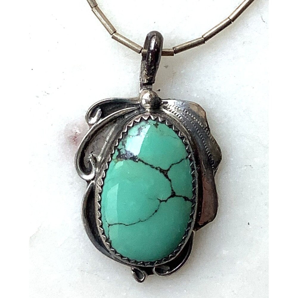 Vintage Turquoise Sterling Southwest Necklace Liquid Silver 19"Pendant Signed CT